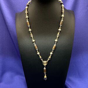 Liz Claiborne “Y” Necklace Barrel Beads & Brass Spiral Disc & Crystals